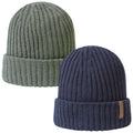 Two ribbed knit beanies are displayed side by side the beanie on the left is olive green and the one on the right is dark blue both have folded brims