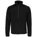 A black fleece pullover is displayed hanging straight down featuring a quarter zip at the neck and long sleeves designed for casual or outdoor wear.