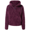 A plush purple fleece pullover features a high collar and a front zipper. It is designed for warmth and comfort, suitable for casual and cozy settings.