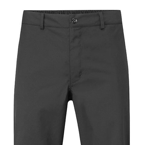 Black pants with a button closure and elastic waistband displayed against a plain background emphasize the sleek design and casual style suitable for various occasions.