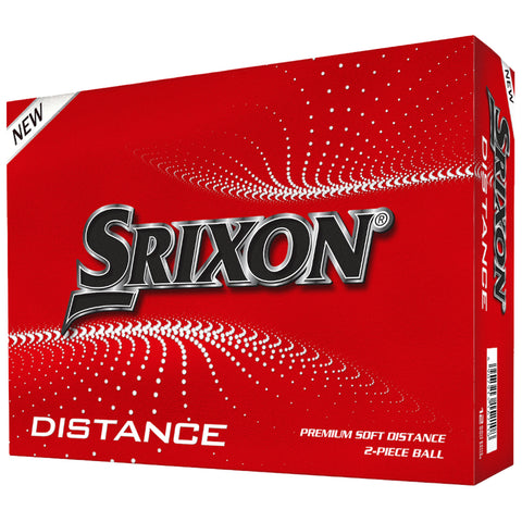 Red box labeled Srixon containing premium soft distance two-piece golf balls is displayed in a tilted position showcasing the product design and branding in a bright and vibrant manner