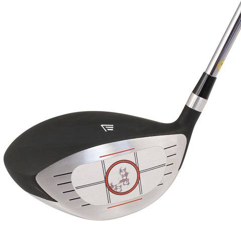 A golf driver is positioned at an angle displaying its sleek black and silver design with a graphic marking on the face indicating alignment and impact points for effective swinging on a golf course.