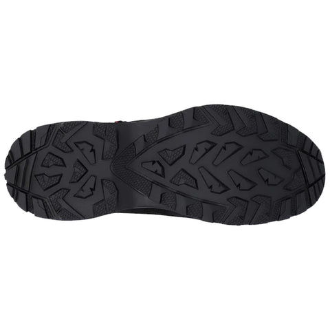 A black shoe sole is displayed with a geometric tread pattern designed for traction. It appears to be suitable for outdoor or rugged use on various surfaces.