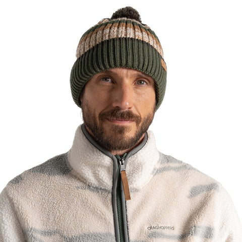 A man wears a green and patterned knitted beanie and a fuzzy white fleece jacket with a zipper while looking directly at the viewer against a plain white background.