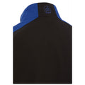 A black and blue jacket is displayed from the back with a logo featuring three water droplets at the collar area emphasizing a sporty and functional design.