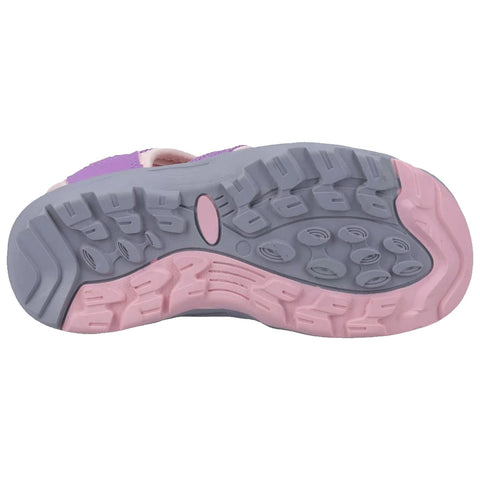 A sneaker sole shows a tread pattern designed for traction and durability it features a mix of light gray and pink rubber materials with various shapes for grip