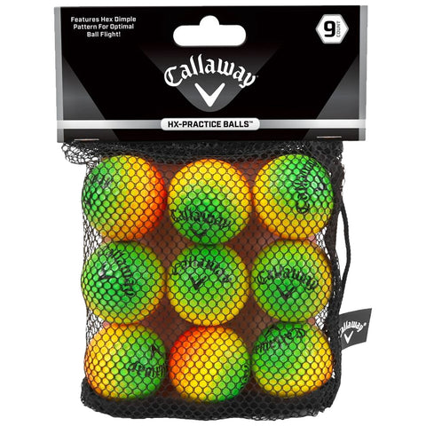 Nine colorful golf practice balls are contained in a black mesh bag designed for storage and transport featuring green yellow and orange colors with branding visible on each ball.