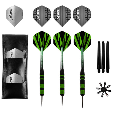 Three green and black darts with metal tips are arranged next to a black leather case holding two metal dart flight pieces and several black dart shafts on a white background.