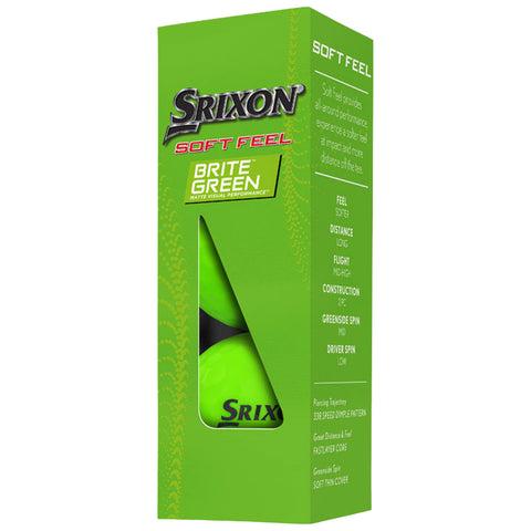 A green packaging box contains two golf balls labeled Srixon Soft Feel Brite Green emphasizing features like soft feel and distance. It highlights various performance specifications and benefits.