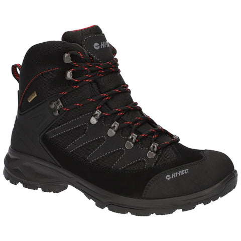 A black hiking boot with red laces is positioned upright showcasing its rugged design and durable materials intended for outdoor activities in various terrains. The brand logo is visible.