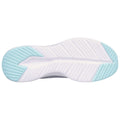 A sneaker sole is shown with a primarily white design featuring a light blue section on one side the tread patterns indicate a focus on traction and support for athletic activities.