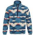 A fleece pullover features an intricate geometric pattern in blue white and red colors. It has a half-zip collar and long sleeves suitable for casual wear in cooler environments.