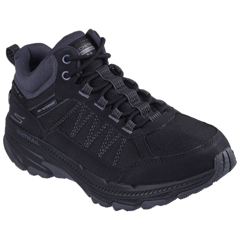 A black waterproof hiking shoe features a sturdy sole and textured upper. It is designed for outdoor activities and displays a streamlined, athletic appearance suitable for various terrains.