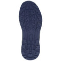 A navy shoe sole is positioned flat against a white background showcasing its textured tread pattern designed for traction on various surfaces while providing stability and grip during movement.