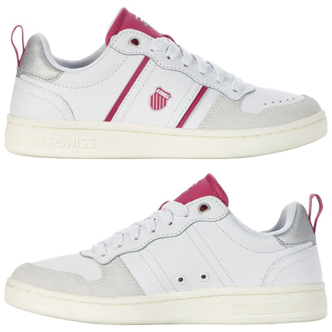 White athletic sneakers with pink and grey accents sit side by side showcasing their design details like laces and branding in a neutral setting emphasizing their sporty style.