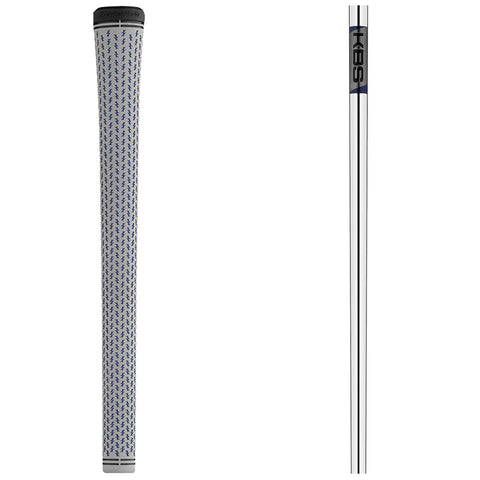 A golf club grip with a textured grey surface featuring blue patterns is displayed upright alongside a silver shaft with a subtle marking indicating the brand KBS in a minimalist setting.