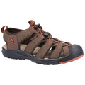 A brown outdoor sandal features an adjustable lace system and an open design for breathability. Its sturdy sole provides grip and support for various terrains.