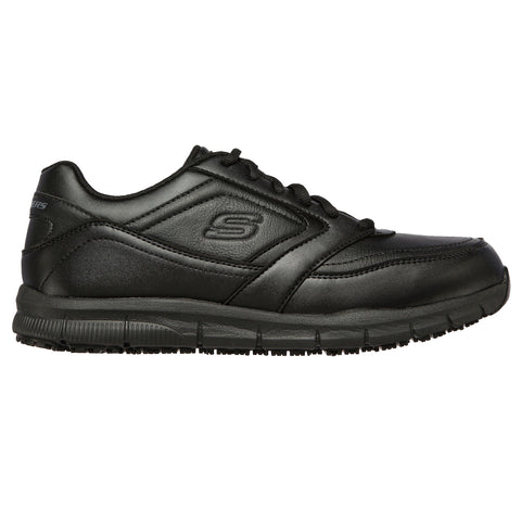 A black sneaker features a smooth leather exterior with a textured design Nike logo on the side and a patterned rubber sole designed for comfort and traction on various surfaces.