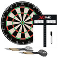 A circular dartboard displays numbered sections with alternating colors while darts are positioned below it along with a scoring board and a black marker for tracking scores.