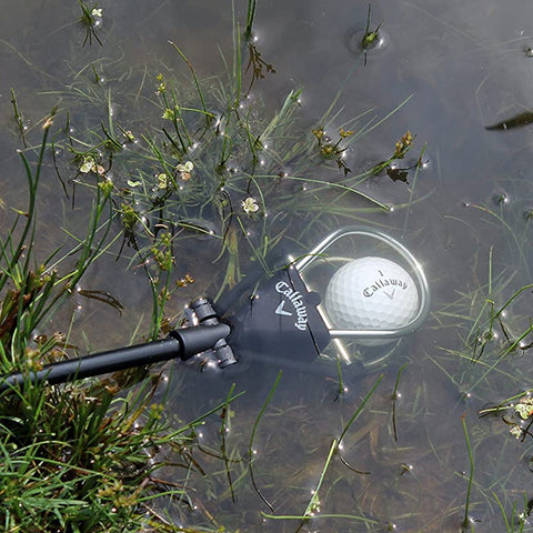 A golf club rests in shallow water surrounded by grass and small white flowers while a Callaway golf ball floats nearby reflecting light.