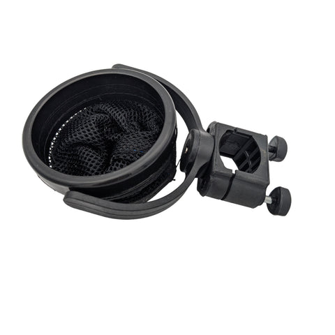 A black mesh cup holder is positioned at an angle with a clamp attached for securing to surfaces while holding objects like drinks in place, showcasing a practical design for convenience.