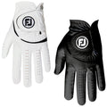 Two golf gloves are displayed side by side. One glove is white with a logo and ventilation holes while the other is black with a similar design.