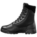 Black military-style boot stands upright showcasing a smooth leather toe and a textured fabric shaft with a padded collar and laces threaded through metal eyelets designed for durability and support