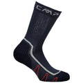 A single dark blue sock is upright showcasing a textured surface with a white CMP logo at the top and red accents near the toe area designed for active wear.