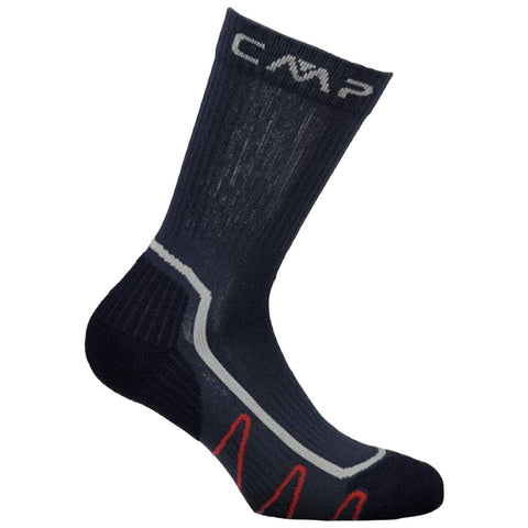 A single dark blue sock is upright showcasing a textured surface with a white CMP logo at the top and red accents near the toe area designed for active wear.