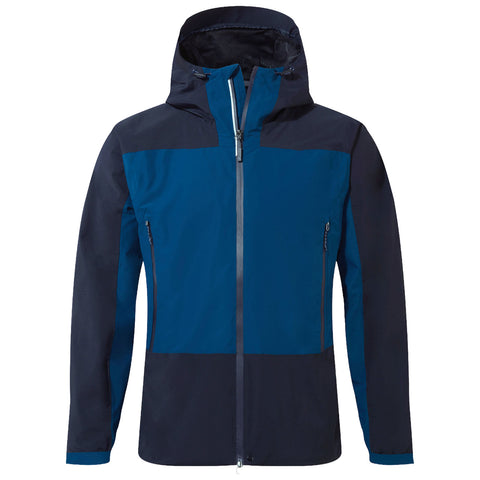 A blue and dark navy jacket is displayed frontally with a zippered closure and a hood. The jacket features contrasting sections and is designed for outdoor use.