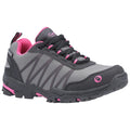 A gray and black athletic shoe with pink accents sits on a flat surface the shoe features a textured sole and laces suggesting it is designed for outdoor activities or running.