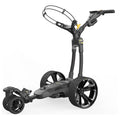 A sleek black and yellow golf push cart features large wheels and a curved handlebar with a control panel allowing for easy maneuverability on golf courses.