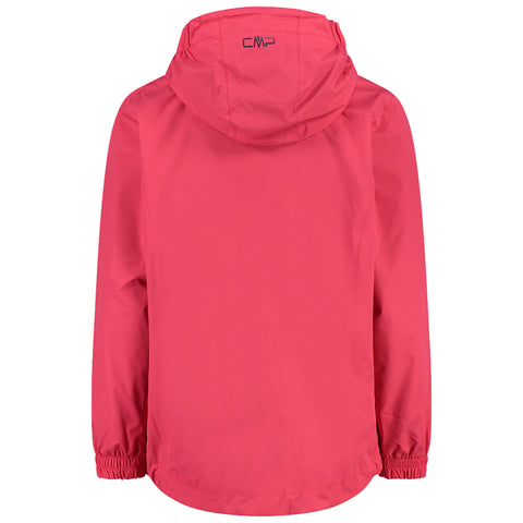 A bright pink jacket stands upright showcasing its hood and elastic cuffs designed for comfort and style in outdoor settings. The branding on the back indicates its brand.