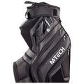 A black golf bag stands upright featuring multiple zippers compartments and a sleek design. The brand name M-TECH is prominently displayed on the side, indicating a modern style.