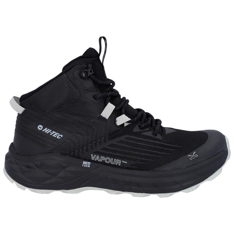 Black high-top trail running shoe featuring textured materials and a secure lacing system designed for outdoor activities situated against a plain white background.