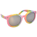 Colorful sunglasses with a pink and rainbow design rest on a surface showcasing reflective dark lenses in a bright and playful aesthetic suitable for summer or outdoor activities.