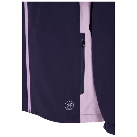 A dark navy jacket is shown with a light purple lining and a visible pocket featuring a zipper. The brand logo is positioned near the hem of the jacket.