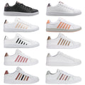 Twelve pairs of stylish athletic shoes are displayed in three rows showcasing various colors including black white and pastel tones with contrasting stripes and detailing against a plain background