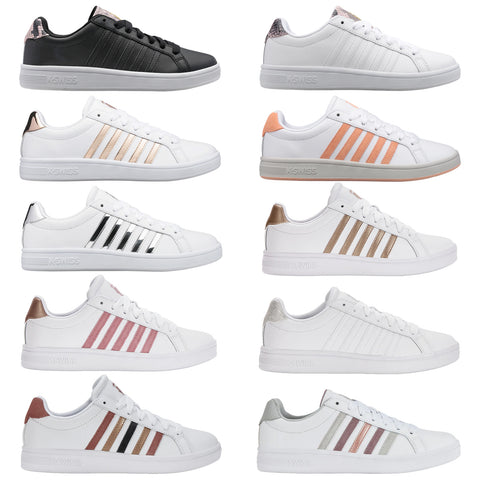 Twelve pairs of stylish athletic shoes are displayed in three rows showcasing various colors including black white and pastel tones with contrasting stripes and detailing against a plain background