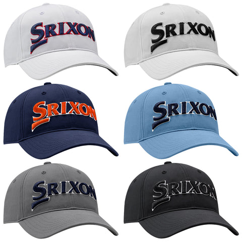 Six caps are displayed in two rows featuring the brand name Srixon prominently embroidered on the front Each cap has a different color including gray white navy blue and black