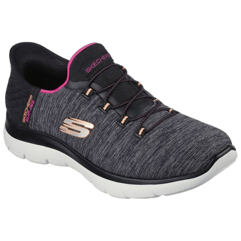 A black and gray athletic shoe with a textured surface features a pink collar and lacing system showcasing the Skechers logo on the side designed for comfort and style.