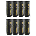 Eight cylindrical containers are arranged in two rows, each labeled with the word "Wilson" in gold. The containers contain tennis balls and are set against a plain background.