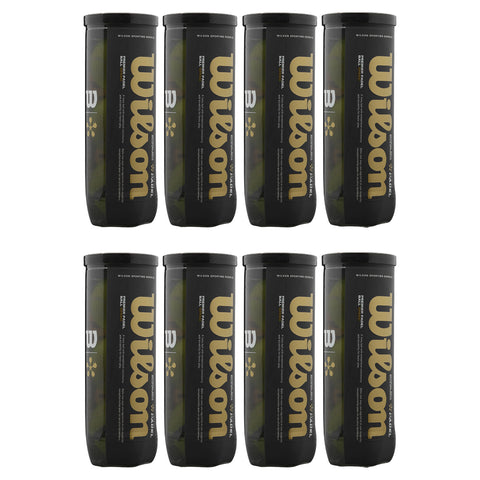 Eight cylindrical containers are arranged in two rows, each labeled with the word "Wilson" in gold. The containers contain tennis balls and are set against a plain background.