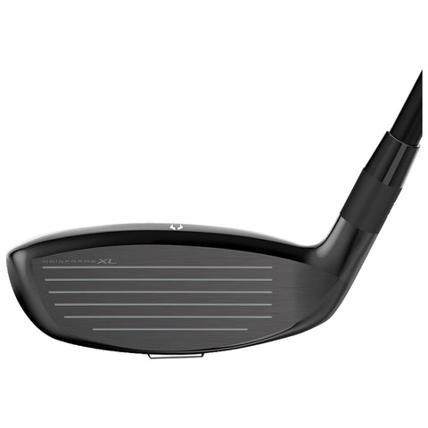 A golf club head is positioned at an angle with a smooth, metallic face featuring horizontal grooves and a sleek black finish positioned against a plain white background.