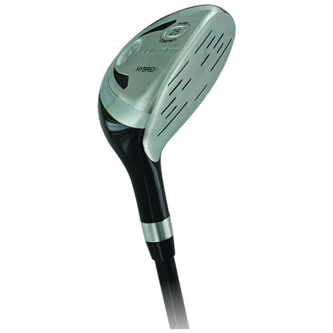 A golf hybrid club with a wide, angled metallic head and a sleek black shaft is positioned, designed for hitting golf balls from various lies on the course.