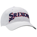 A white baseball cap features a prominent embroidered logo "Srixon" in blue and red text on the front with a curved visor designed for sun protection and sporty style.