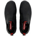 Black footwear featuring a slip-on design rests flat. The shoes display a sleek profile with red branding inside, intended for durability and comfort in various environments.