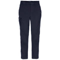 A pair of navy blue cargo pants is displayed standing upright showing a straight leg cut and a side pocket on the left thigh suitable for casual or outdoor activities.