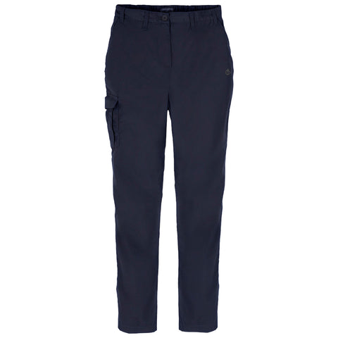 A pair of navy blue cargo pants is displayed standing upright showing a straight leg cut and a side pocket on the left thigh suitable for casual or outdoor activities.