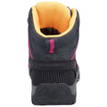 A black and pink sneaker stands upright showcasing its padded collar and mesh lining with vibrant orange interior against a plain background emphasizing its design and construction features.